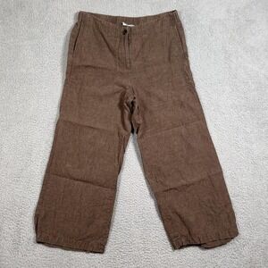 Women's 100% Linen Brown Wide Leg Capri Pants Relaxed Pockets Casual M 30x24